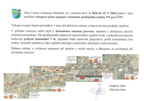 Oznámení o&nbsp;výkopových pracích v&nbsp;obci Lužice